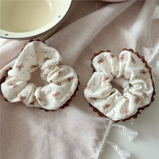 Cute Cream Bear Print Lace Hair Tie