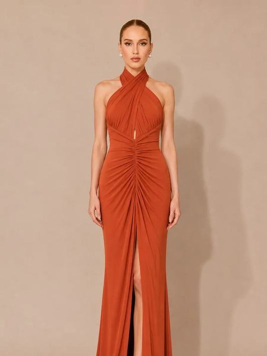Lucinda Elegant Chiffon Pleated Halter-Neck Backless Maxi Dress