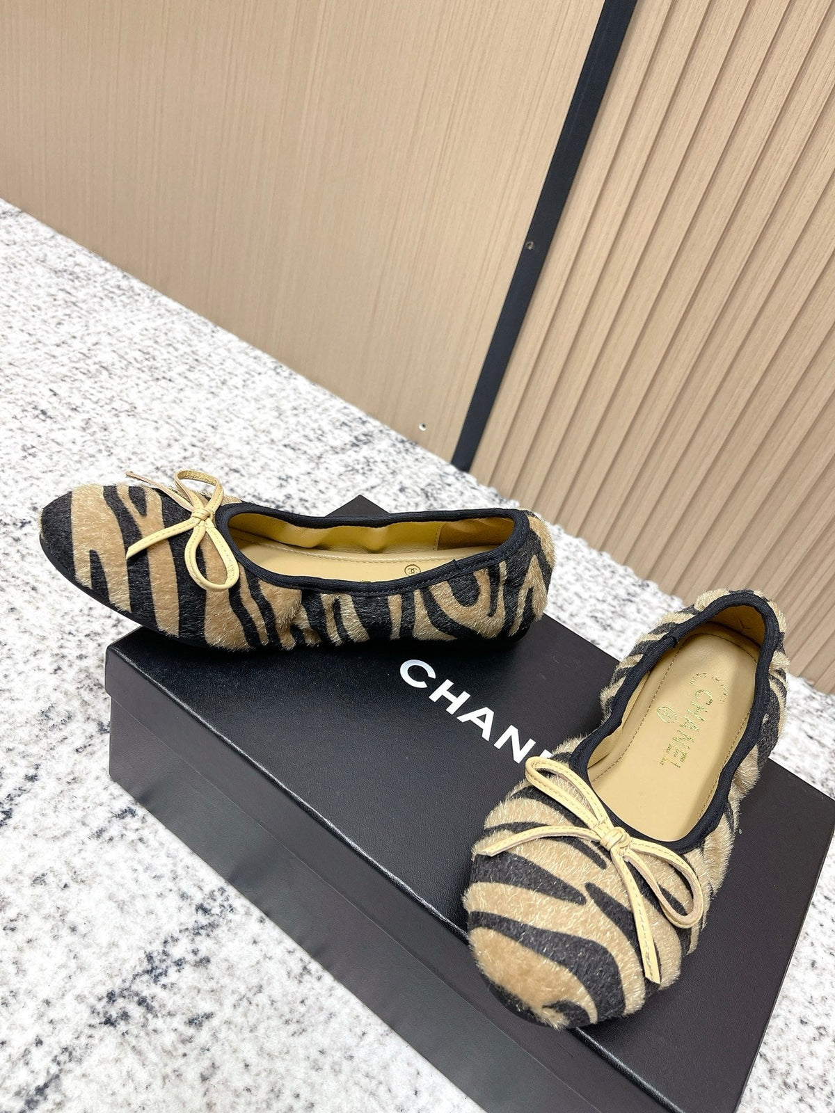 Chanel 26 Tiger Print Brown Black Ballet Flat in Sheepskin Wool 591377