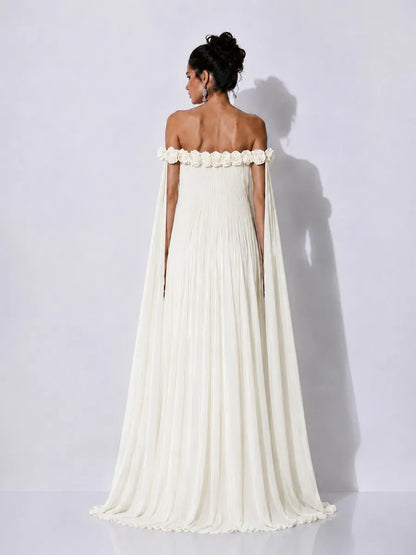 Grace 3D Floral Pleated Off-Shoulder Maxi Dress