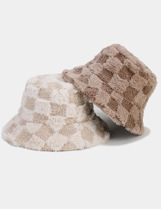Winter Fuzzy Trendy Plaid Thick Warm Bucket Hat