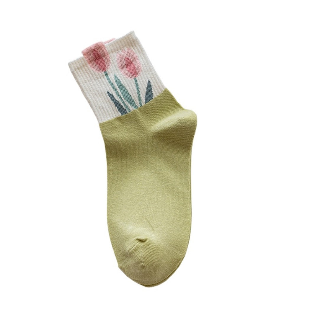 Rufia - Women's Floral Tulip Mid-Calf Socks - Green / White