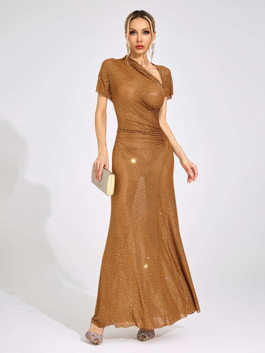 Rosalind Gold Asymmetric Maxi Dress