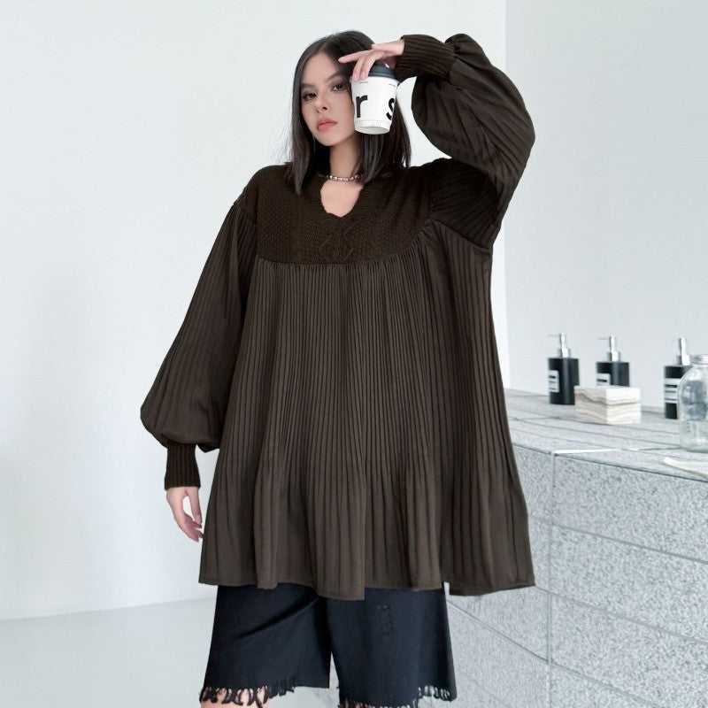 Pleated And Patchwork Knitted Sweater