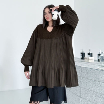 Pleated And Patchwork Knitted Sweater