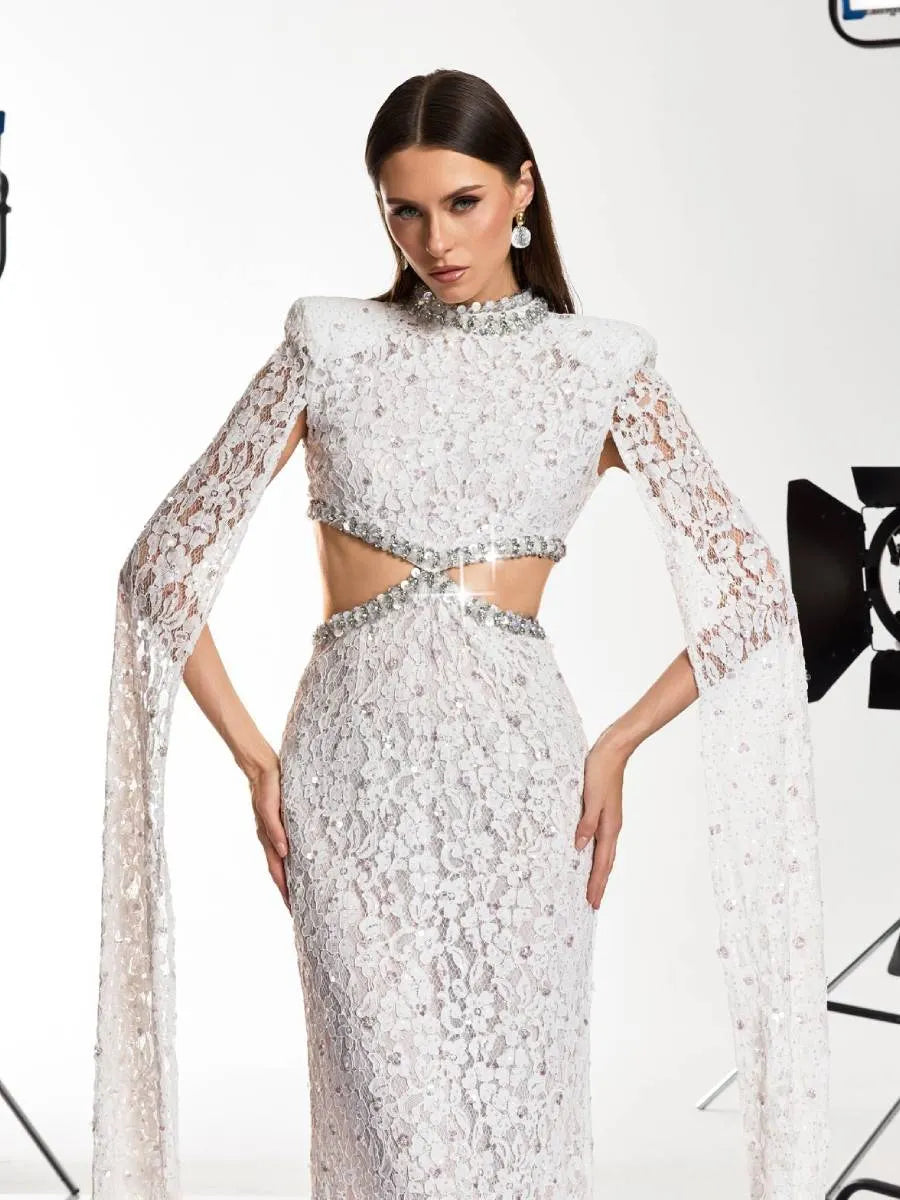 Savannah Cape Sleeve Rhinestone Cutout Maxi Dress