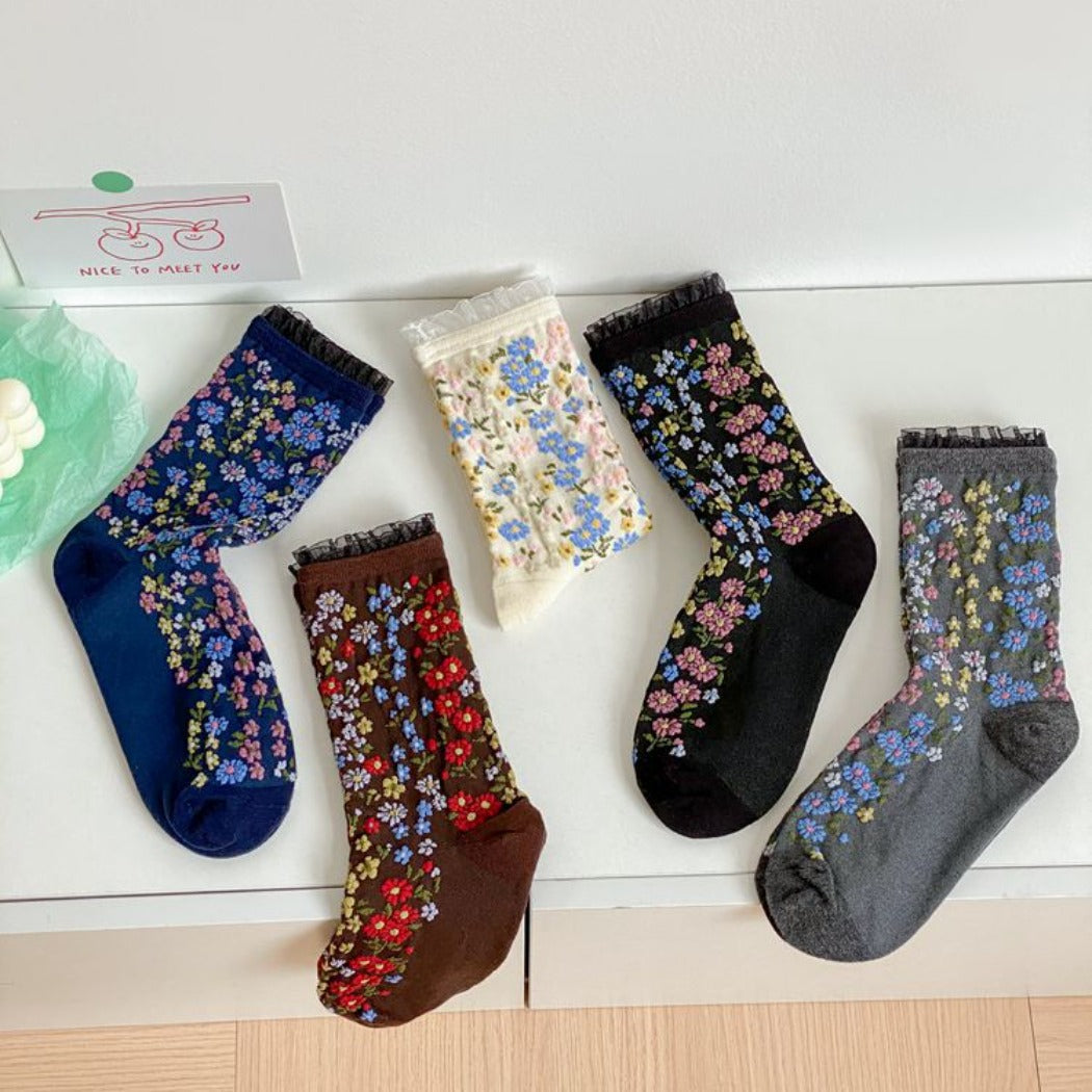 Rufia - Floral Lace Mid-calf Socks - Delicate &amp; Vintage