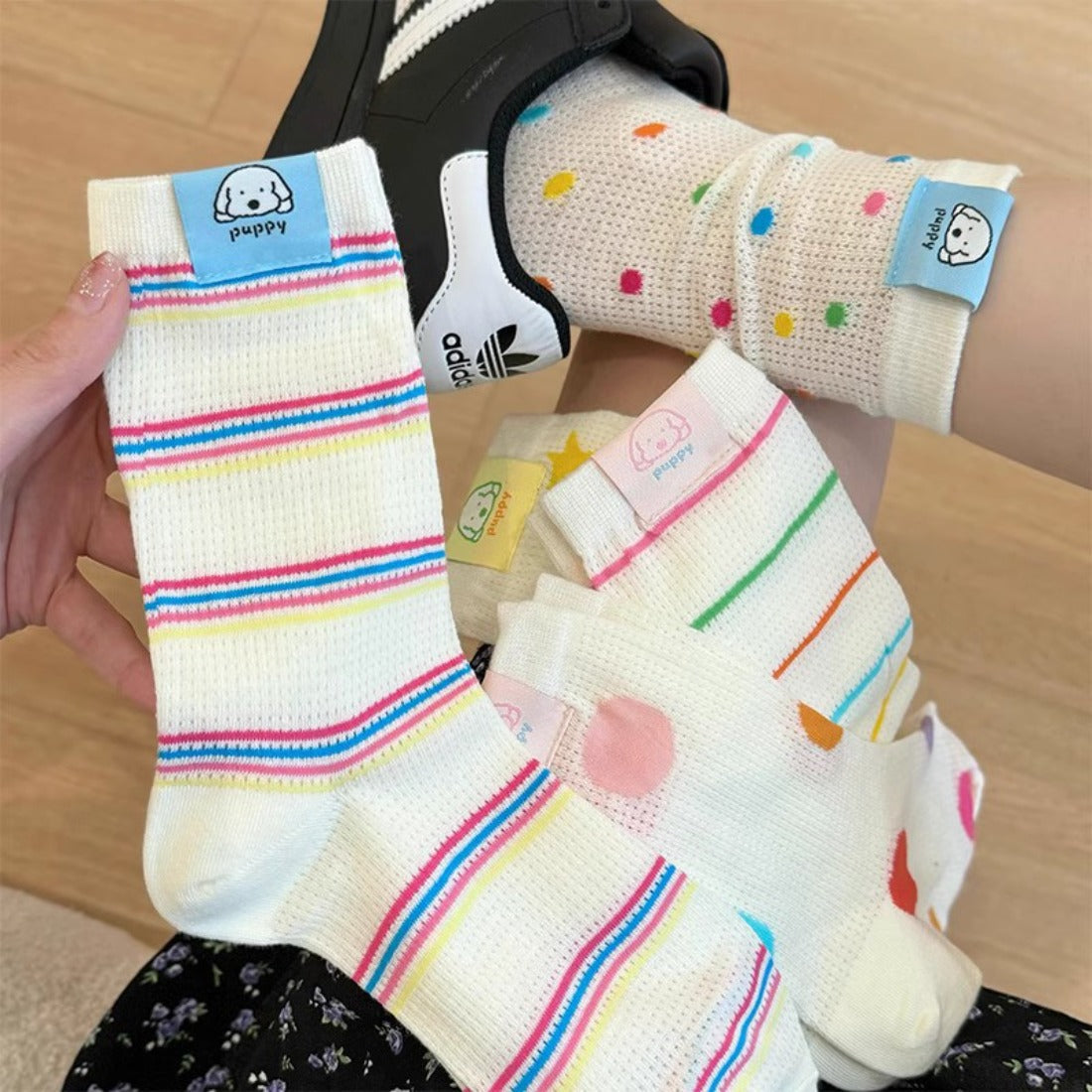 Rufia - Colorful Polka Dot Striped Mesh Crew Socks