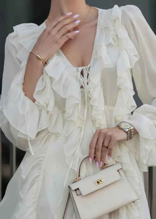 Ruffled V Neck Long Sleeve A Line Dress Beige