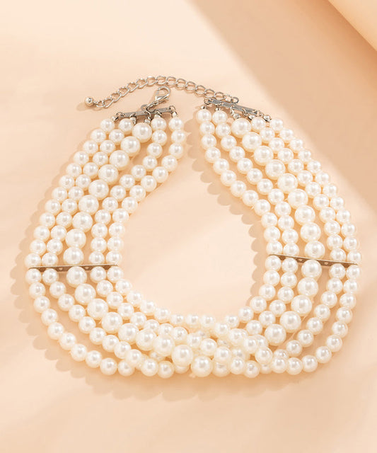 Elegant White Metal Multi Layer Pearl Necklace