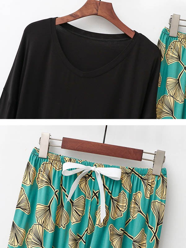 Casual Loose Seven-Quarter Sleeves V-Neck Shirts& Printed Pants Pajama Sets