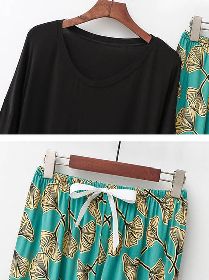 Casual Loose Seven-Quarter Sleeves V-Neck Shirts& Printed Pants Pajama Sets