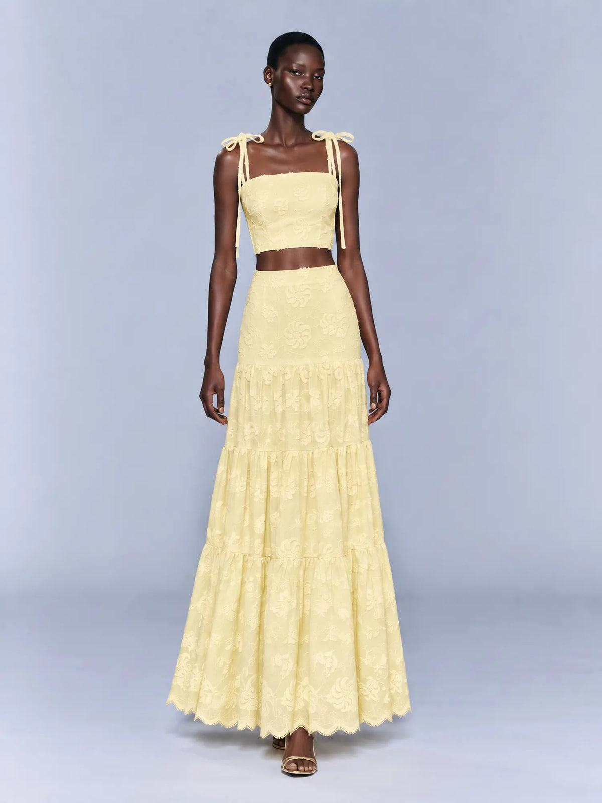 Talia Strappy Lace Top and Maxi Skirt Set In Yellow