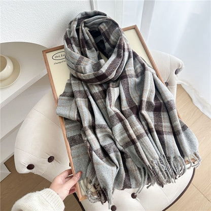Color Block Plaid Fringe Scarf