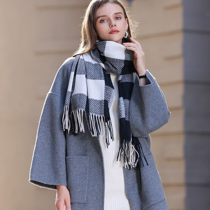 Color Block Plaid Fringe Scarf