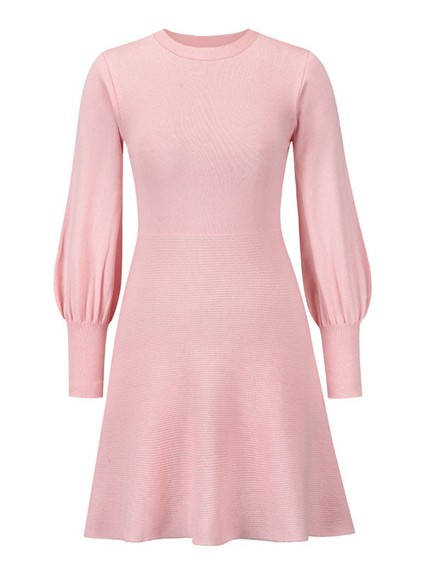 Puff Sleeves Wrap Solid Color Round-Neck Mini Dresses