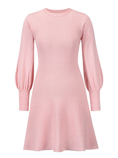 Puff Sleeves Wrap Solid Color Round-Neck Mini Dresses