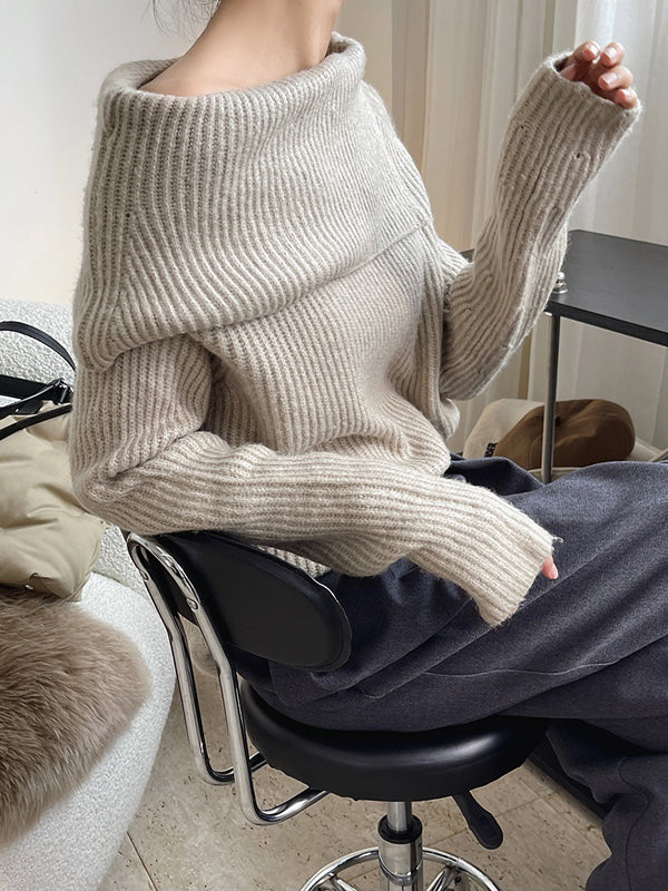 Casual Loose Long Sleeves Solid Color Lapel Sweater Tops