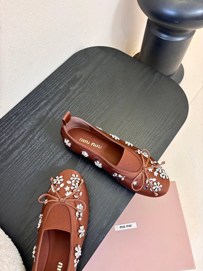Miu Ballet Flat With Floral Crystal Brown Silk