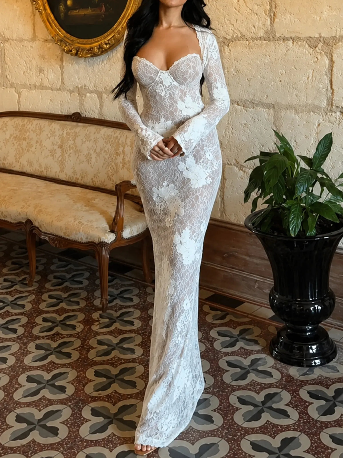 Vivienne Floral Lace Mermaid Maxi Dress in White