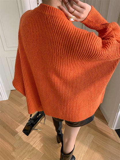 Irregularity Loose Solid Color Batwing Sleeves Round-Neck Sweater Tops