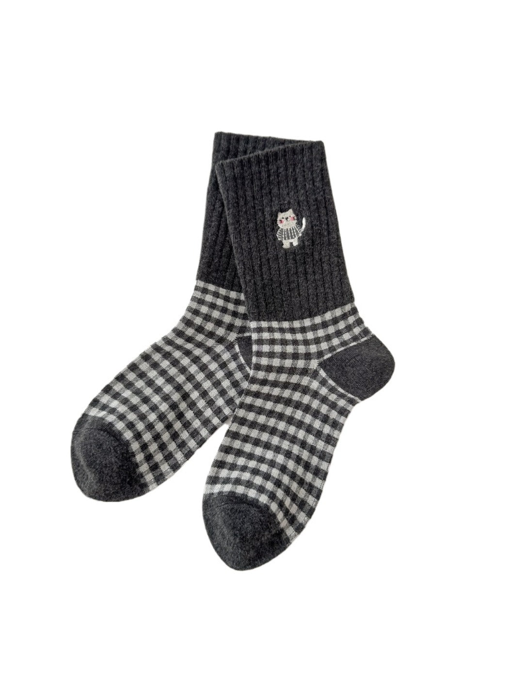 Rufia - Cute Cat Embroidery Plaid Socks for Women