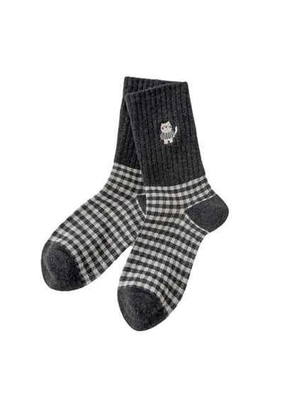 Rufia - Cute Cat Embroidery Plaid Socks for Women