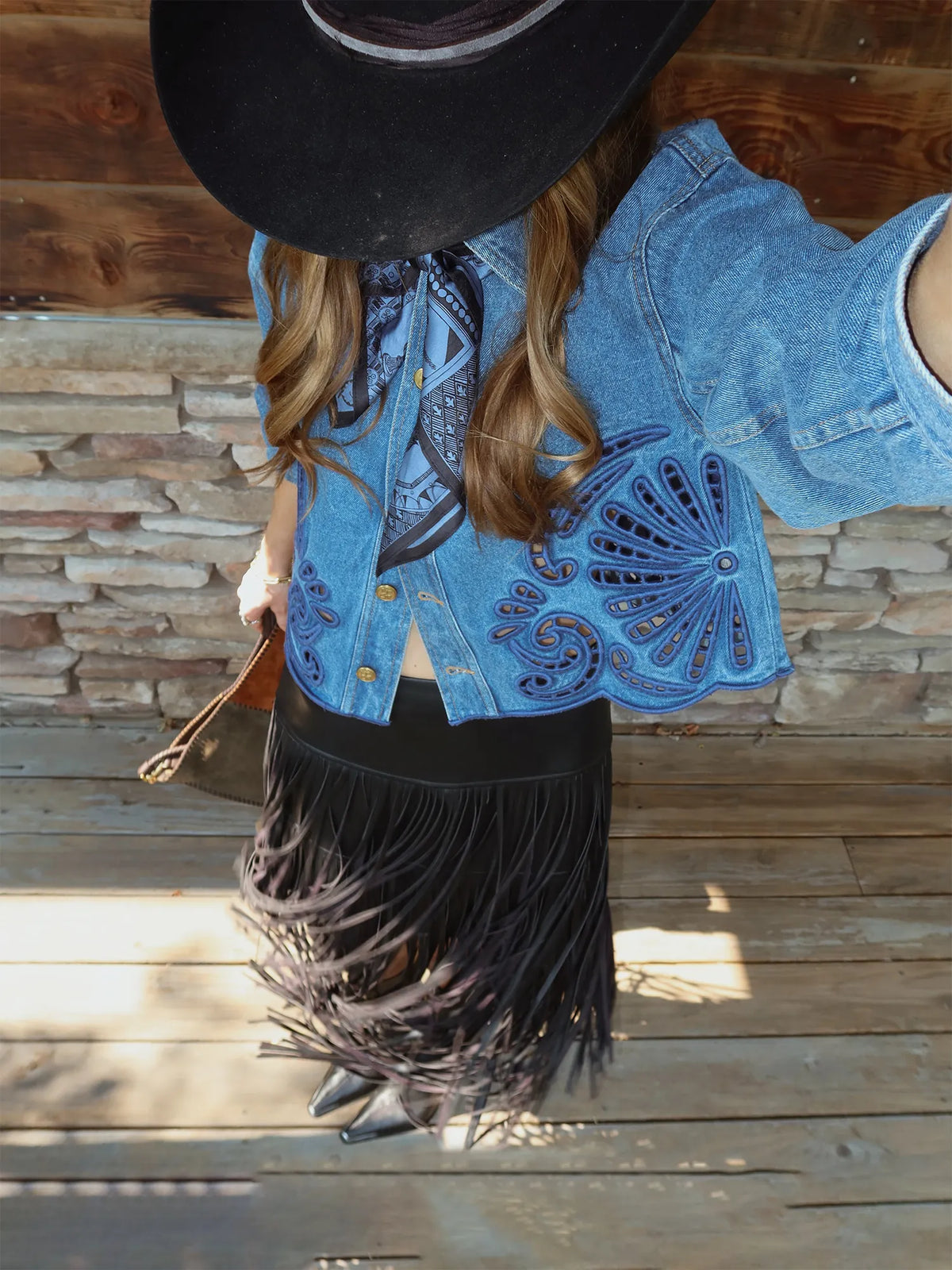 Roselyn Denim Jacket and Leather Fringe Skirt Set