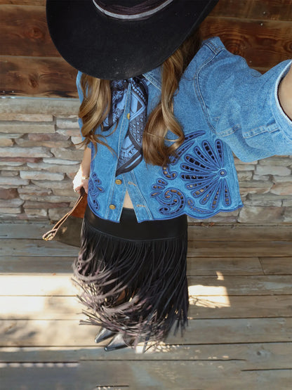 Roselyn Denim Jacket and Leather Fringe Skirt Set