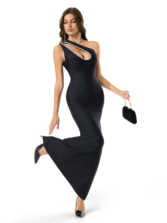 Alba One-Shoulder Cutout Rhinestone Bandage Maxi Dress