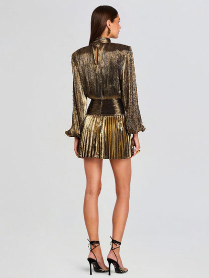 Hazel Pleated Mini Dress In Gold