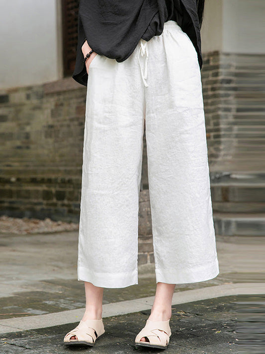 Simple Linen Column Elasticity Waist Bandage Pants