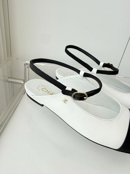 Chanel 26 Slingback Flats White Black in Lambskin 597390