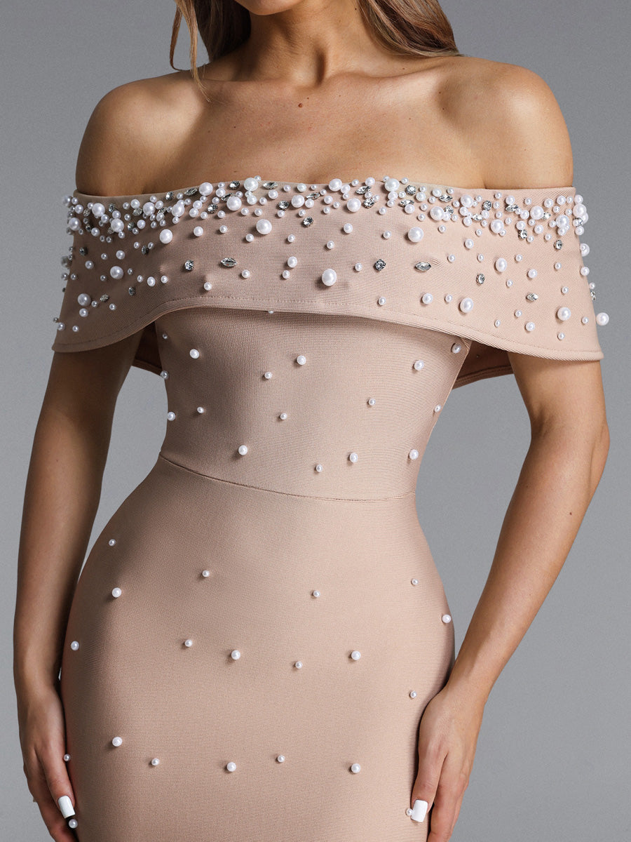 Giselle Off Shoulder Pearl Rhinestone Bandage Maxi Dress