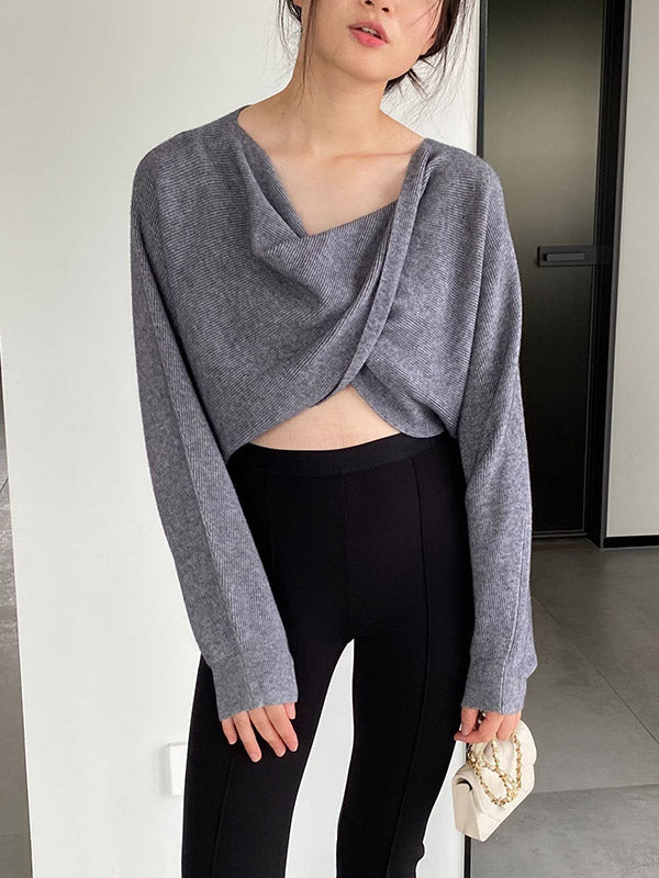 Batwing Sleeves Long Sleeves Knot Solid Color V-Neck Pullovers Sweater Tops