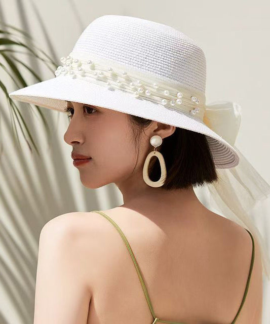 French White Bow Nail Bead Straw Woven Bucket Hat