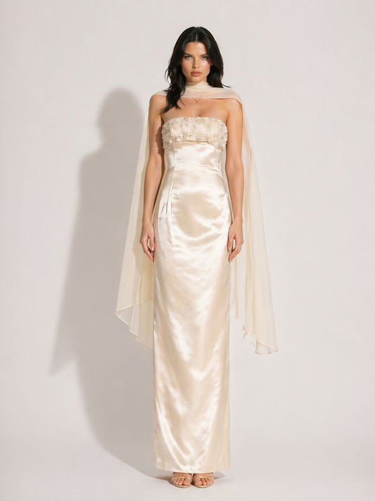 Liliana Strapless Sequin and Beaded Shawl Maxi Dress