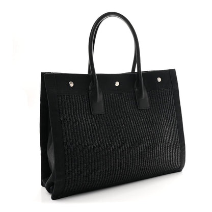 Raffia Linen Calfskin Rive Gauche Tote Black