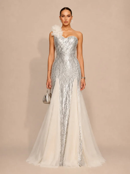 Juliette Elegant Contour One Shoulder Sequin Maxi Dress