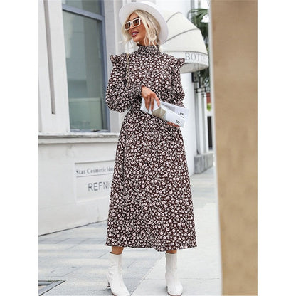 High Neck Petal Sleeves Lace-Up Printed Long Dress