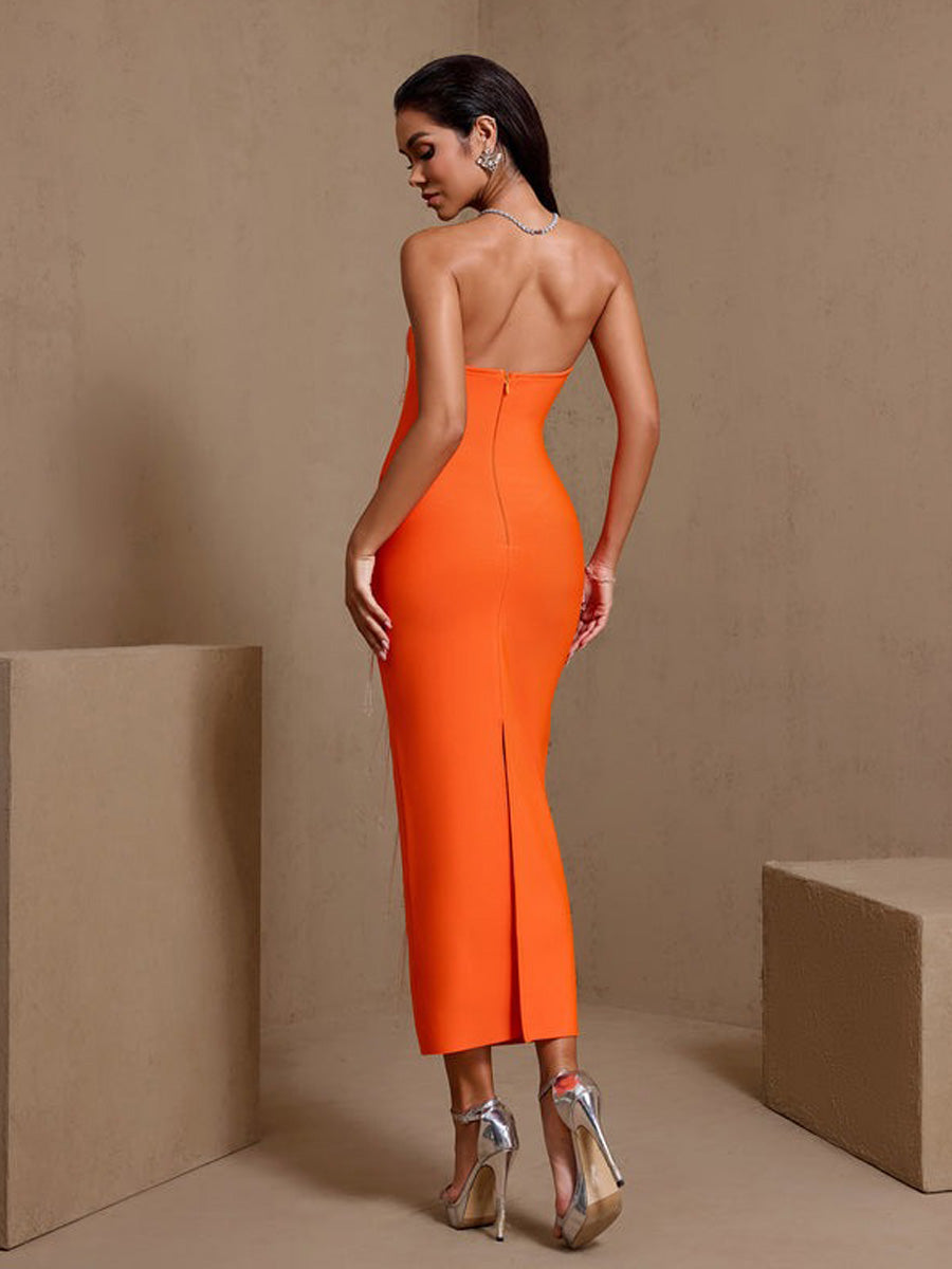 Isadora Strapless Crystal Beading Bandage Midi Dress