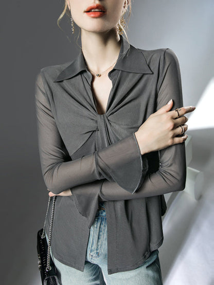 Long Sleeves Ruffle Sleeves Knot Solid Color Lapel Blouses&Shirts Tops