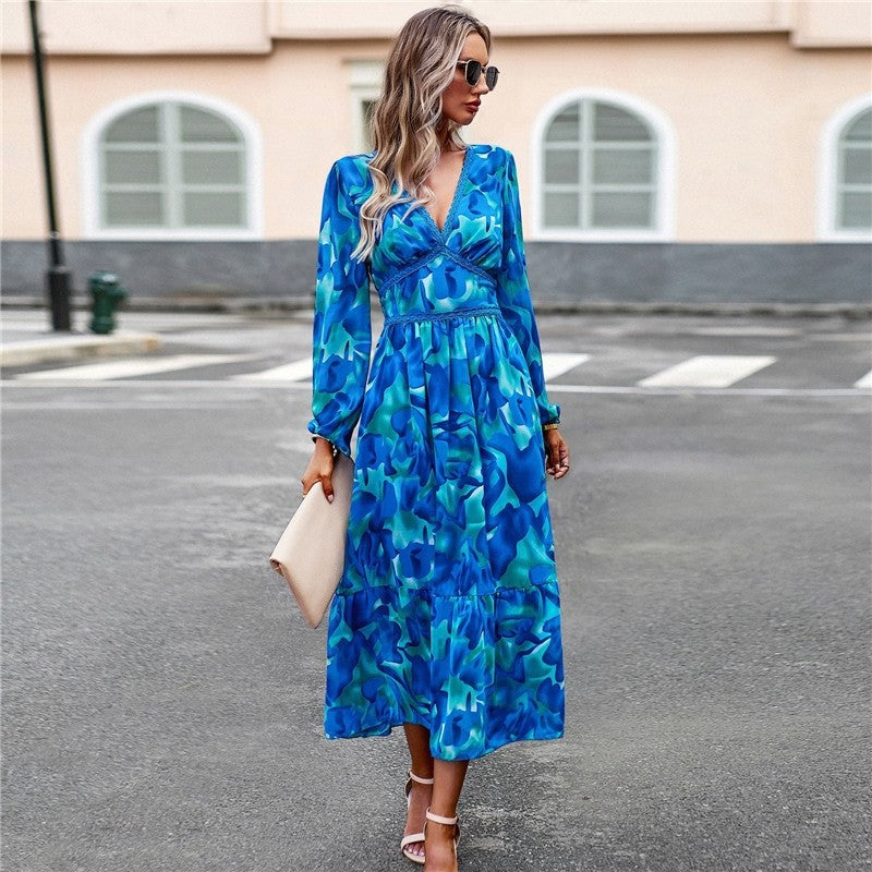 Casual Irregular Color Block Printed V-Neck Long-Sleeved Dress