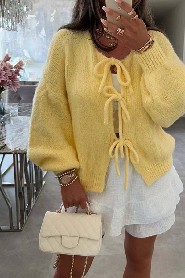 Stylish Solid Color Crew Neck Lace-up Sweater