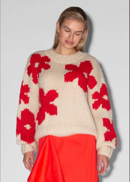 Floral Knit Sweater Thick Cozy Beige Red