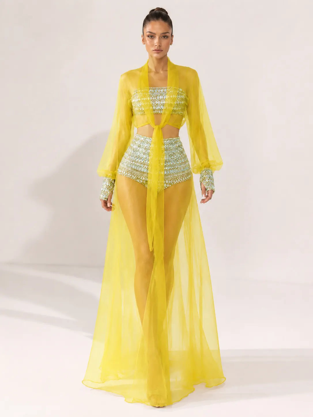 Celestia Rhinestone Sheer Mesh Three-Piece Set