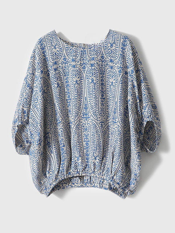 Batwing Sleeves Bow-Embellished Floral Printed Round-Neck Blouses&Shirts Tops