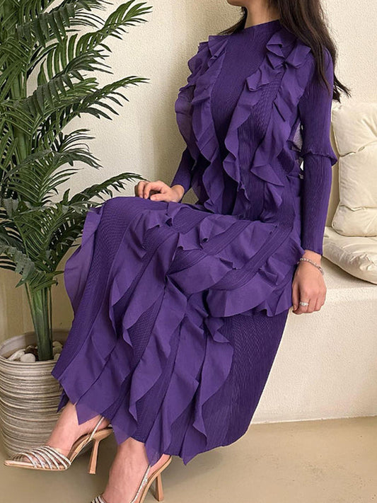 Solid Color Bodycon Pleated Ruffled Long Sleeves Maxi Dresses