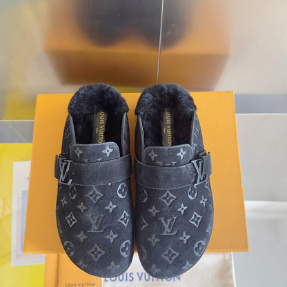 LV 25 Birkenstock Platform Slippers Navy Blue Suede Wool 576217