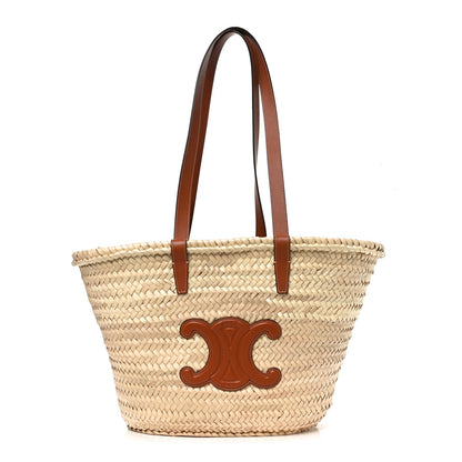 Raffia Calfskin Triomphe Medium Panier Tan